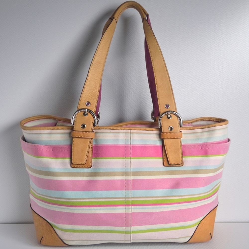 Coach Y2K Hamptons Pastel Striped Canvas & Leather Oversized Tote Bag #5177 - Picture 2 of 11